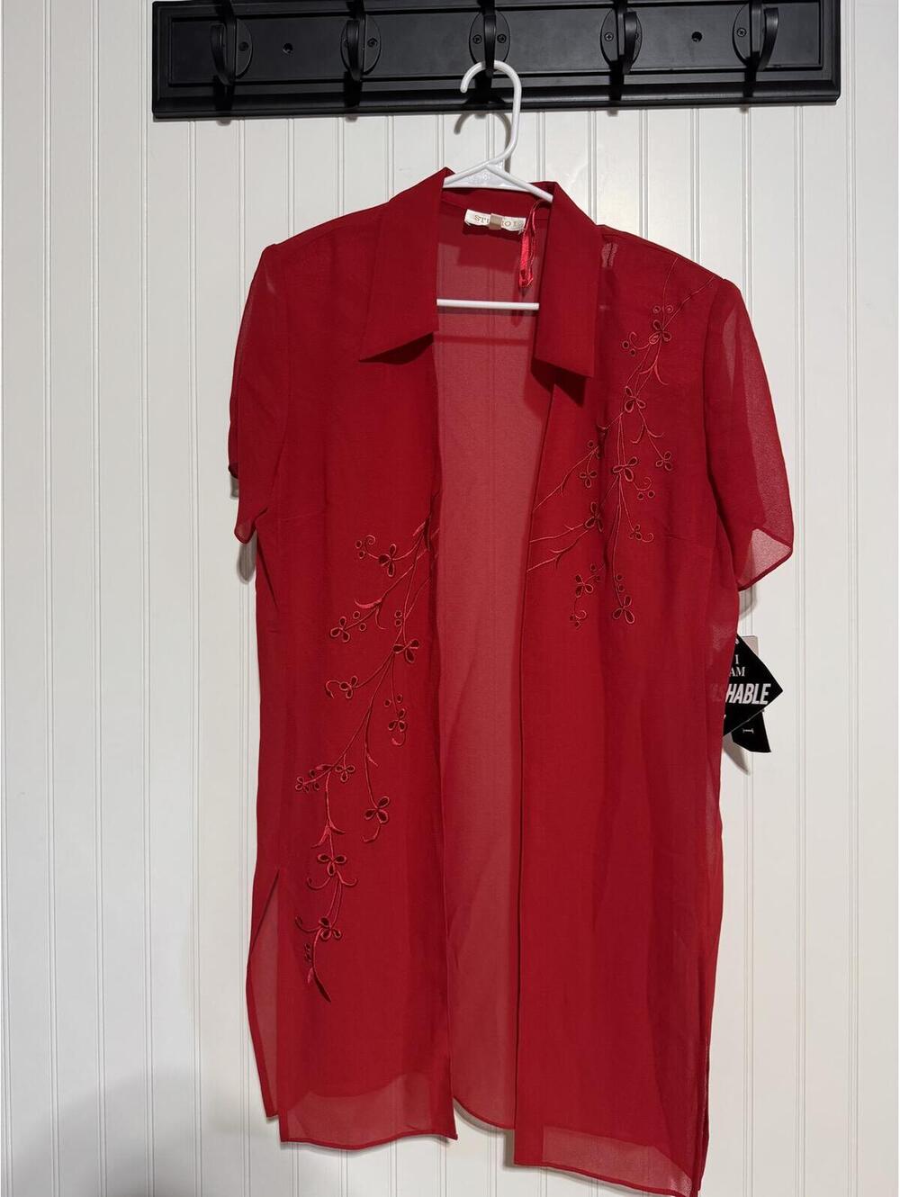 NWT Studio I Red Sheer Chiffon Embroidered Duster Cardigan Cover Up Womens 12